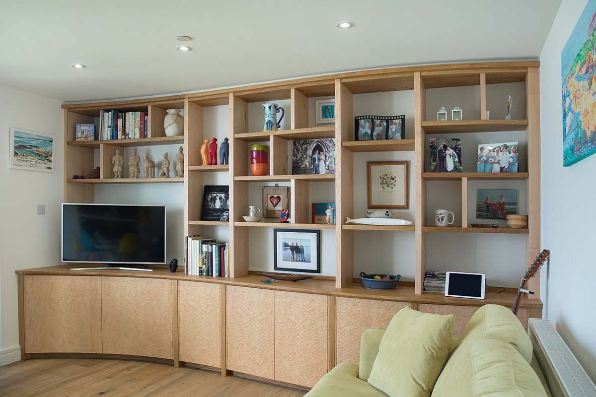 001-Bespoke Shelving with Birds Eye Maple cupboards fitted furniture by Samuel F Walsh Furniture Cornwall Devon Bristol