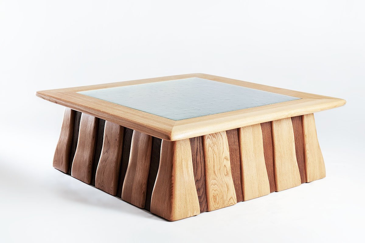 dg2 Sculptural Furniture. Art Furniture made from Oak and Kiln Formed Glass. Samuel F Walsh Furniture