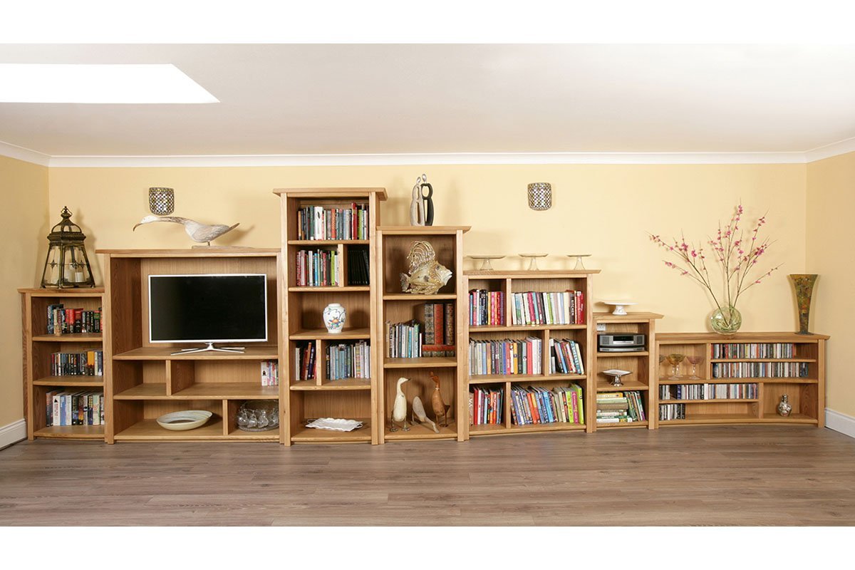 new Bespoke Shelving in sculpted Oak and Elm. Contemporary design for house in Devon.