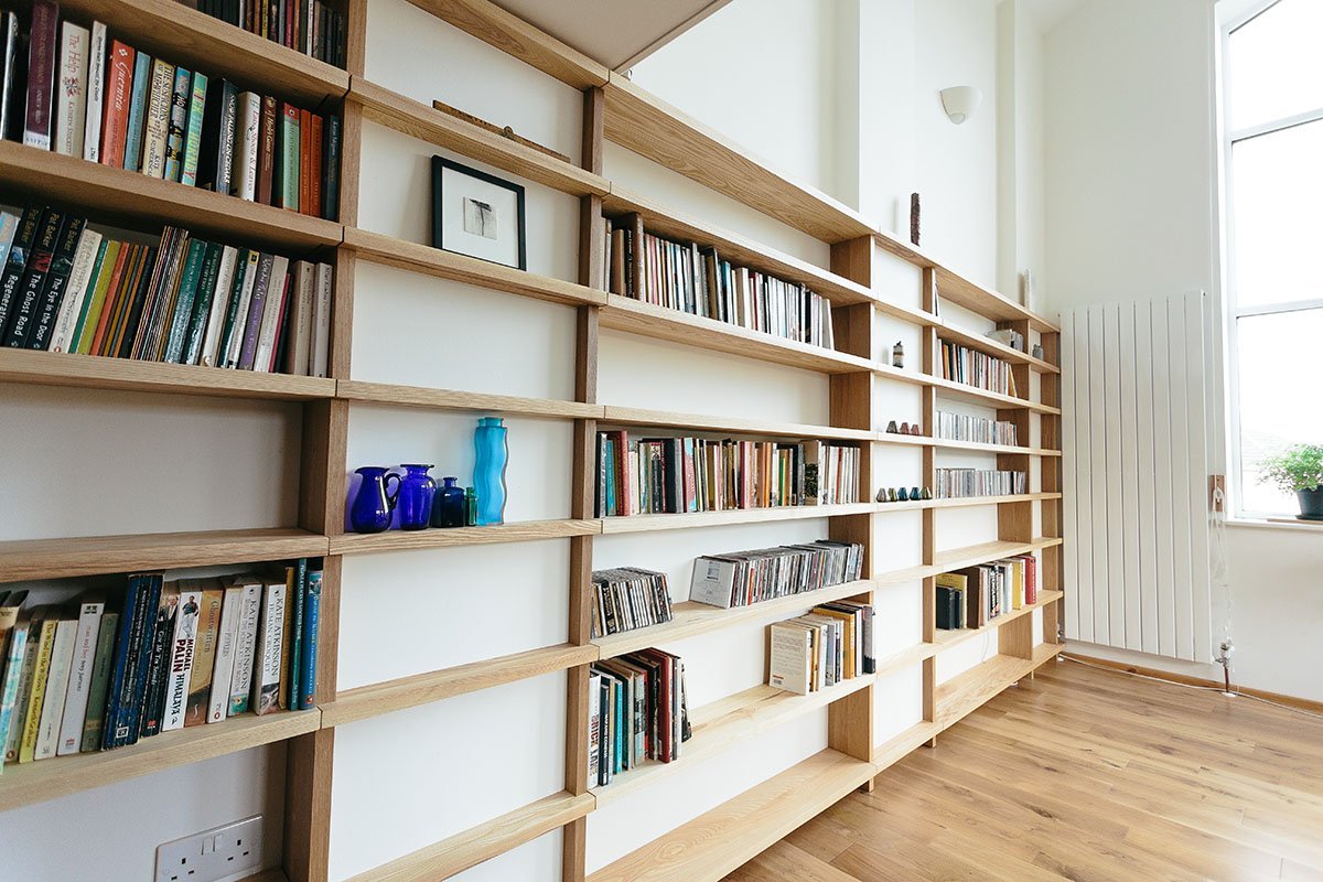 trs3 Built in Shelves in solid wood. Oak and Ash. Made to measure. Fitted shelving Cornwall